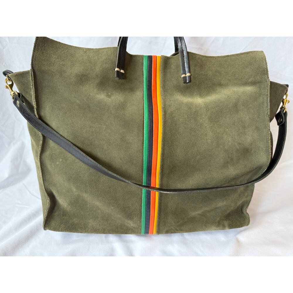 Clare V Large Simple Tote Bag Olive Army Green Suede Multicolor Center Stripe - Picture 2 of 9